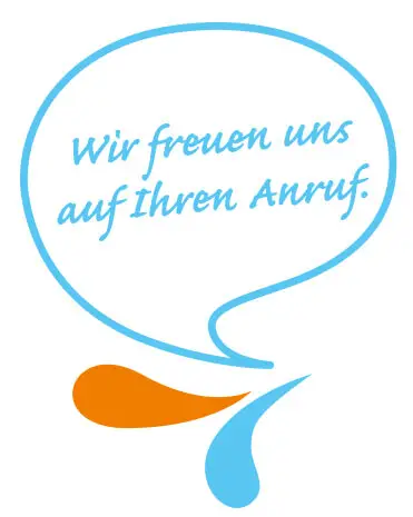 Sprechblase mit dem Text: Wir freuen uns auf Ihren Anruf
